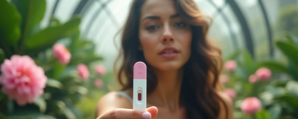 Woman Holding A Positive Pregnant Test In A Futuristic Environment Surrounded By Vegetation And Pin@2x Woman Holding A Positive Pregnant Test In A Futuristic Environment Surrounded By Vegetation And Pin@2x