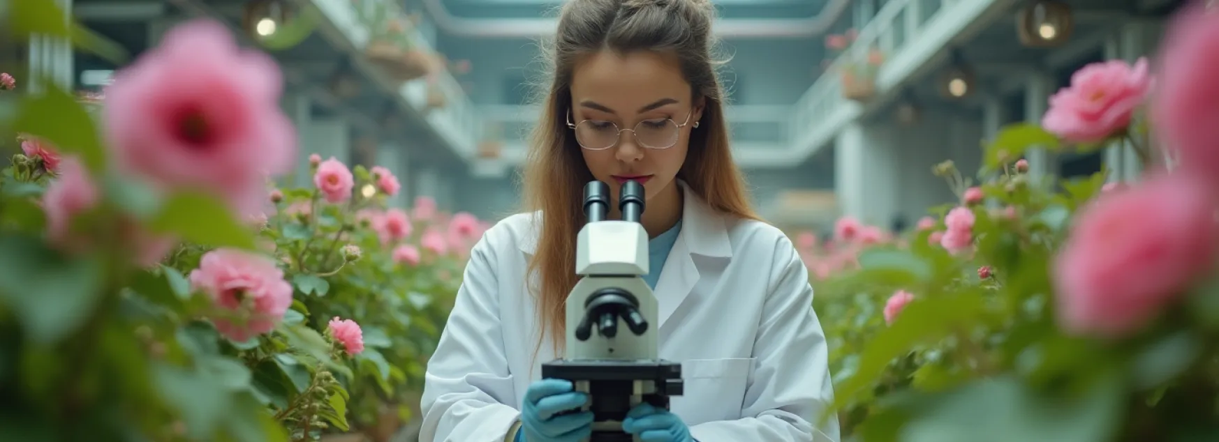 Scientist Woman Inside A Hight Tech Futuristic Laboratory Surrounded By Vegetation And Pink Flowers@2x