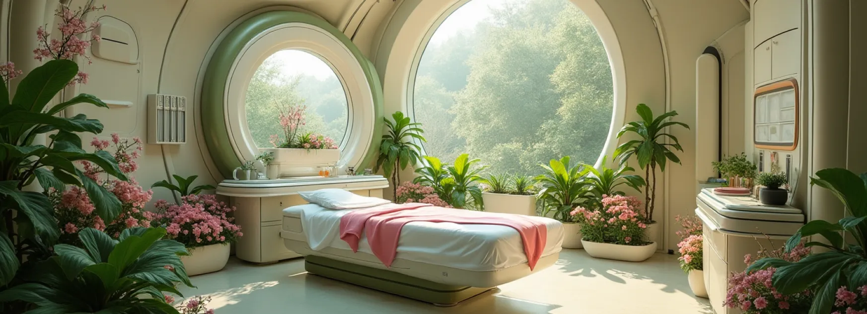 Technologic Futuristic Surgery Room With A Bed Surrounded By Vegetation And Pink Flowers Olive Gree@2x