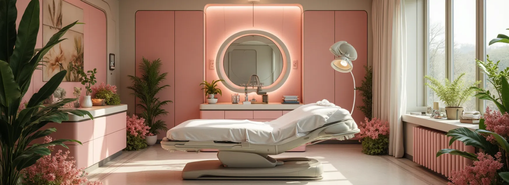 Technologic Futuristic Surgery Room With A Bed Surrounded By Vegetation And Pink Flowers Pink Olive@2x